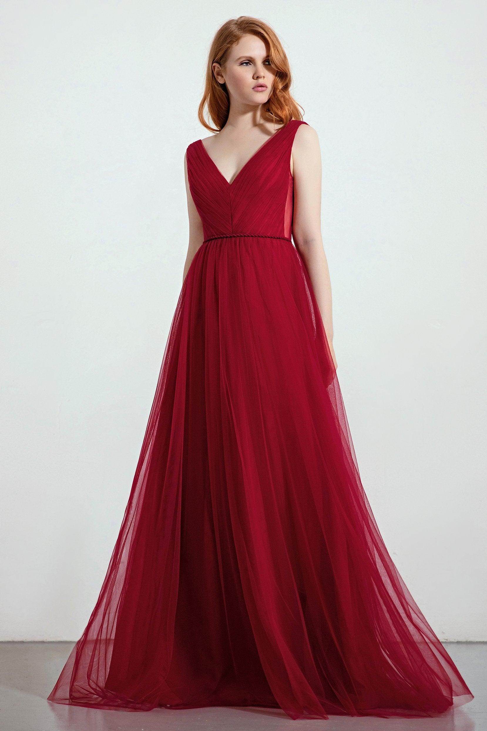 A-Line Sweep-Brush Train Tulle Bridesmaid Dress CB0263 - COCOMELODY